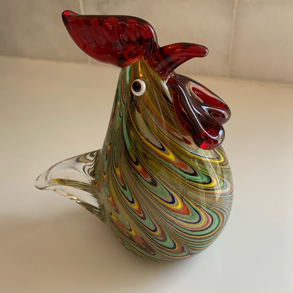 Dynasty Gallery Feathered Colorful Blown Glass Rooster 5" Impeccable Condition